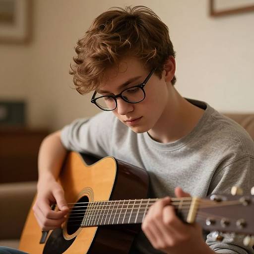 Young man with curly brown hair and glasses plays acoustic guitar in a softly lit, cozy room, wearing a gray sweater.