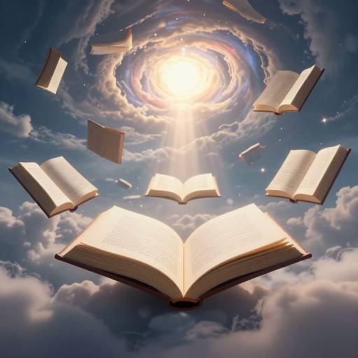 Digital art of open books floating in a cloudy sky, with a bright sun at the center, surrounded by books.