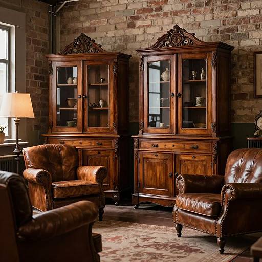 Photograph of a rustic living room with two ornate wooden cabinets, two brown leather armchairs, and a patterned rug against a brick wall