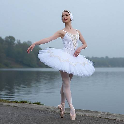 Photograph of a young Caucasian ballerina in a white tutu and ballet shoes, standing en pointe by a calm lake.