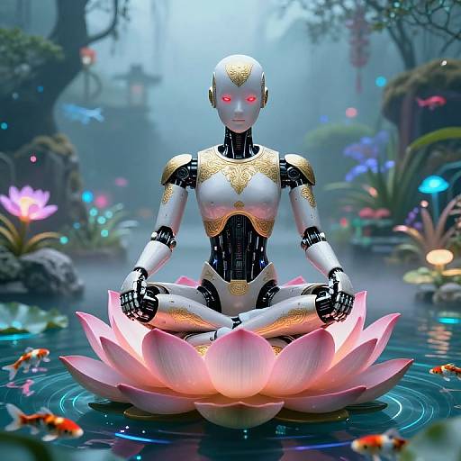 Digital art: A glowing, white-and-gold robotic woman with red eyes meditates on a pink lotus flower in a mystical, foggy garden