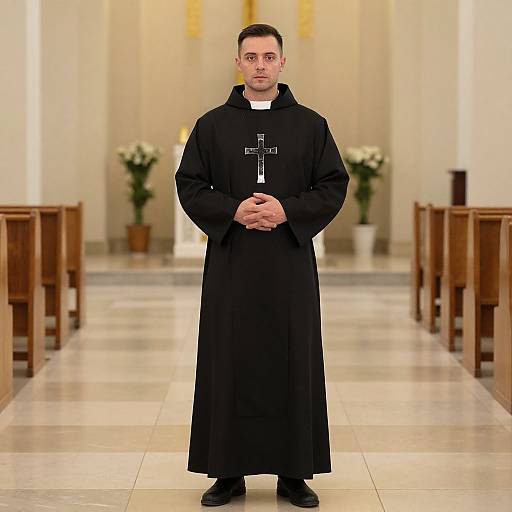 Photograph of a young male Catholic priest standing in a church aisle, wearing a black robe with a silver cross, hands clasped, wooden pews