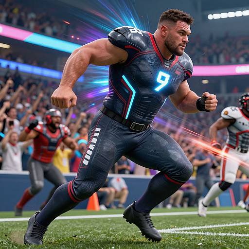 Photorealistic CGI of a muscular, dark-haired male football player in a black, glowing uniform with number 9, sprinting on a stadium field