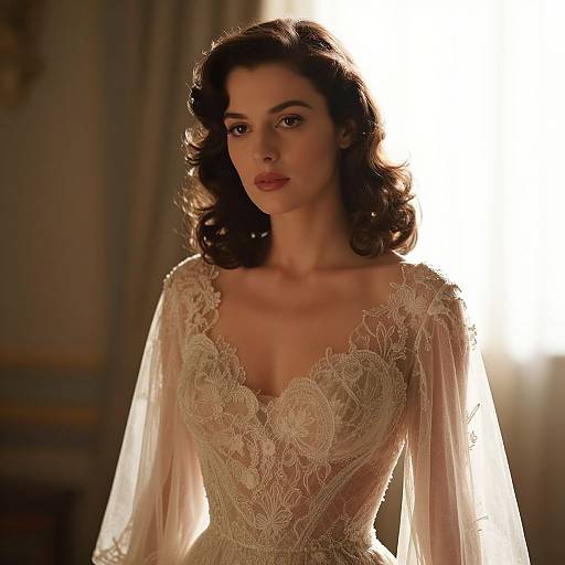 Elegant Woman in Translucent Lace Gown