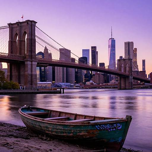 Photograph of a weathered wooden boat on a riverbank at dusk, with the Brooklyn Bridge and New York City skyscrapers in the background,