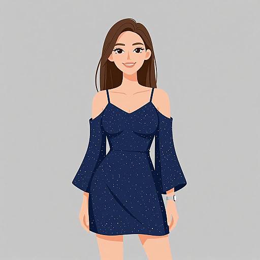 Digital illustration of a smiling young woman with long brown hair, wearing an off-shoulder, dark blue, sparkly dress with flared sleeves,