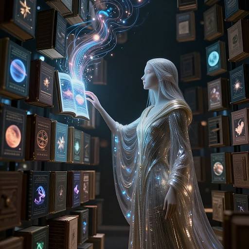 Photorealistic digital artwork of a white, long-haired woman in a shimmering, gold robe, touching a glowing book surrounded by illuminated, cosmic-themed
