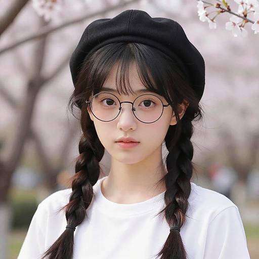 Photograph of an Asian girl with black braids, round glasses, black beret, and white shirt, standing in a blurred cherry blossom background.