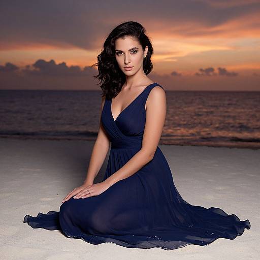 Photograph of a brunette woman with wavy hair, wearing a navy blue, V-neck dress, kneeling on a beach at sunset, with an orange