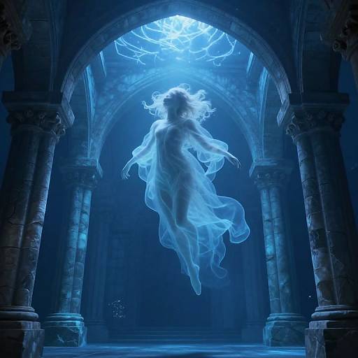 Digital art: Ethereal, glowing figure with flowing white dress hovers beneath illuminated, blue-tinted Gothic archway, surrounded by dark, ancient
