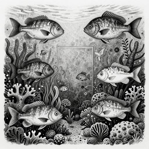 Black-and-white underwater illustration of detailed fish, corals, and seaweed, with intricate line work, creating a vibrant marine scene.