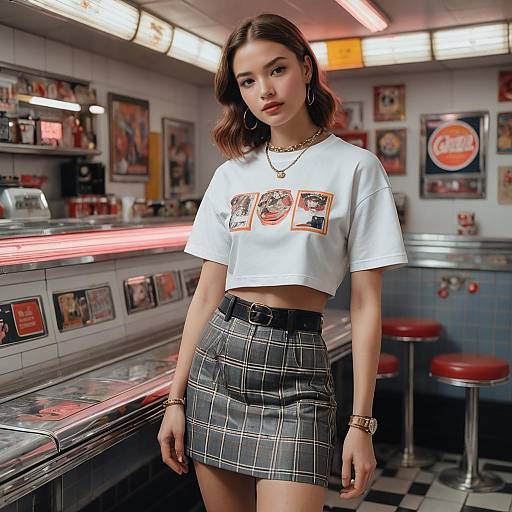 Young Woman in Y2K Crop Top and Plaid Mini Skirt