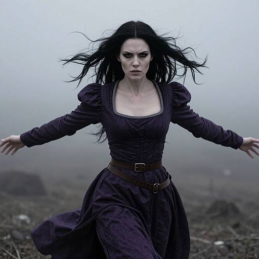 Photograph of a pale-skinned, dark-haired woman in a flowing, dark purple medieval dress, arms outstretched, standing in a foggy