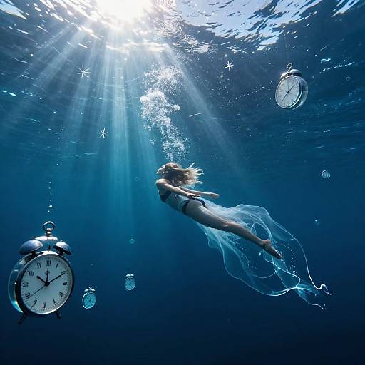 Photograph: A woman with flowing blonde hair, wearing a black bikini, swims underwater surrounded by floating clocks, illuminated by sun rays.
