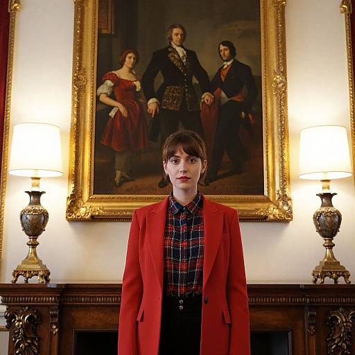 Photograph of a woman with short brown hair, wearing a red blazer and plaid shirt, standing in front of a framed, golden-trim