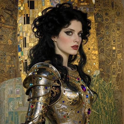 Digital artwork of a pale-skinned woman with dark, wavy hair wearing elaborate golden armor adorned with colorful jewels, set against a mosaic-tiled background