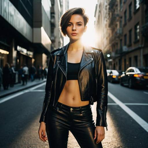 Young Woman in Leather Outfit on City Street