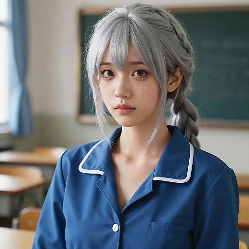 Sad Young Woman in Blue School Uniform