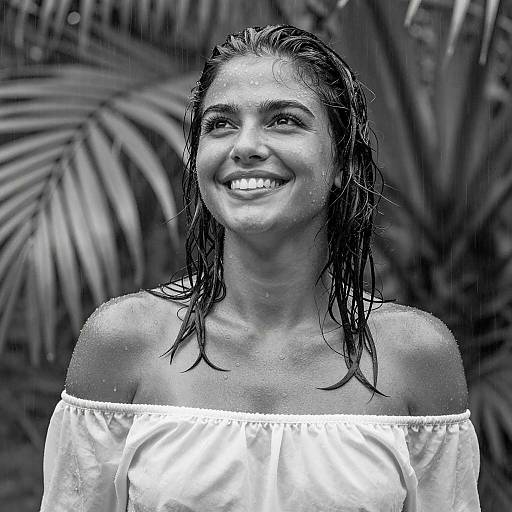 Smiling Woman in Rainy Black-and-White