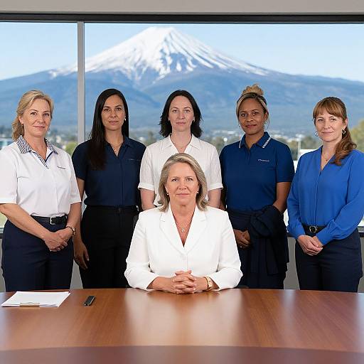 Photograph of six women in professional attire standing behind a table in an office with a snow-capped mountain view. Five women stand behind an older woman