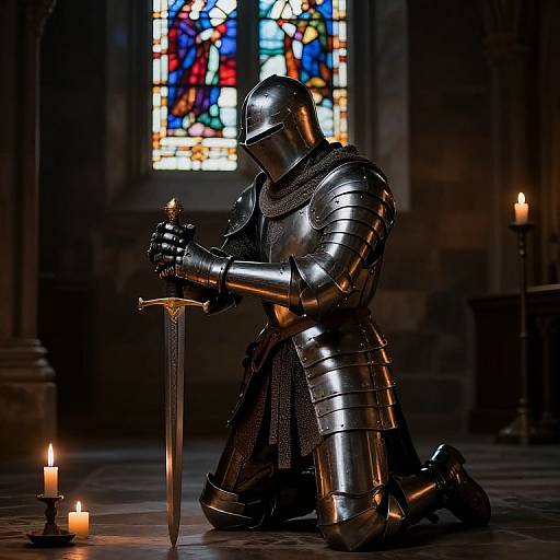 Photograph of a kneeling, armored knight with a metallic helmet, holding a sword, illuminated by candles and vibrant stained glass.