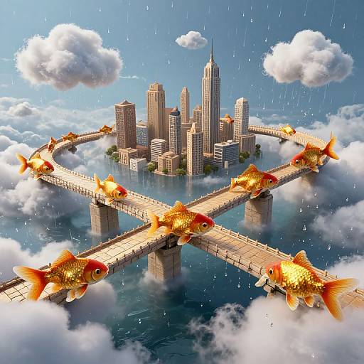 Digital artwork of a floating city with goldfish swimming on a cloud-covered, rainbow-colored bridge, surrounded by fluffy clouds and rain.