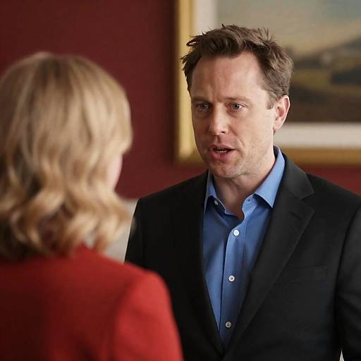Man in Suit Speaking to Woman Indoors