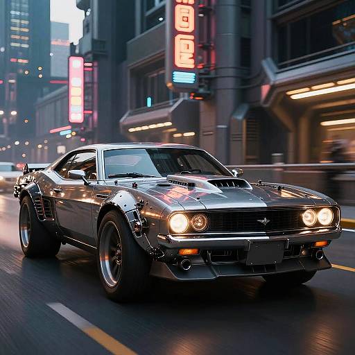Photograph of a sleek, silver, muscle car with bright headlights speeding through a neon-lit, urban city street at night.