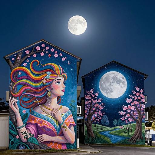 Vibrant mural of a woman with colorful hair, wearing traditional attire, under a full moon, surrounded by cherry blossoms and houses.