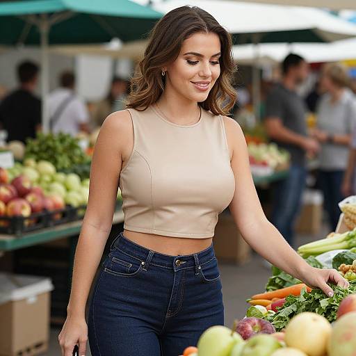 Photograph of a smiling brunette woman with wavy hair, wearing a beige crop top and dark blue jeans, shopping at a vibrant outdoor market with colorful