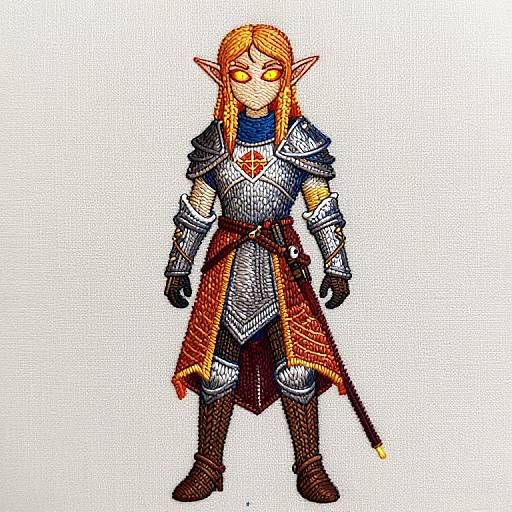 Colorful digital drawing of an elf with orange hair, glowing yellow eyes, and silver armor, wearing a red-trimmed cape and holding a sword