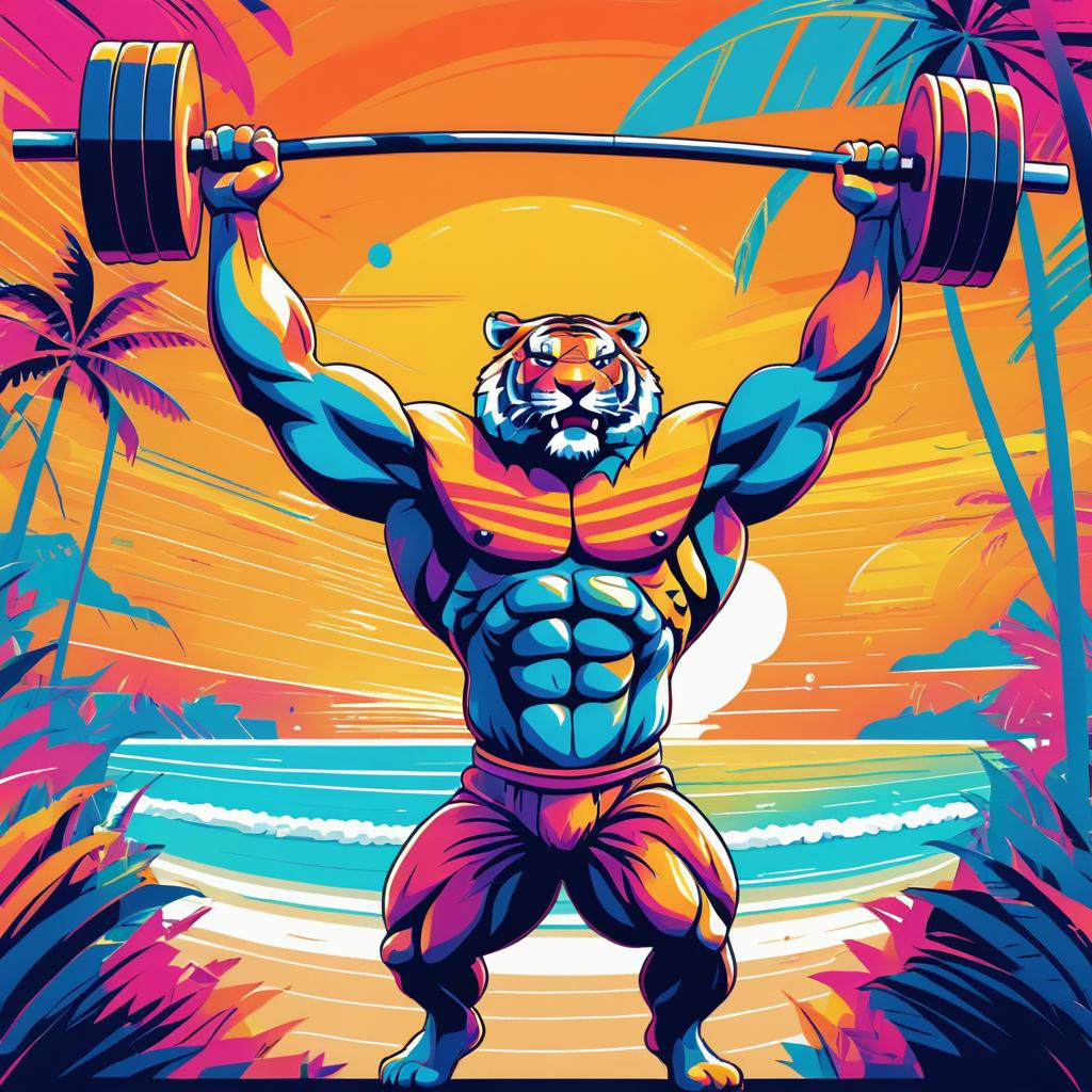 Dynamic Tiger Lifting Barbell on Beach