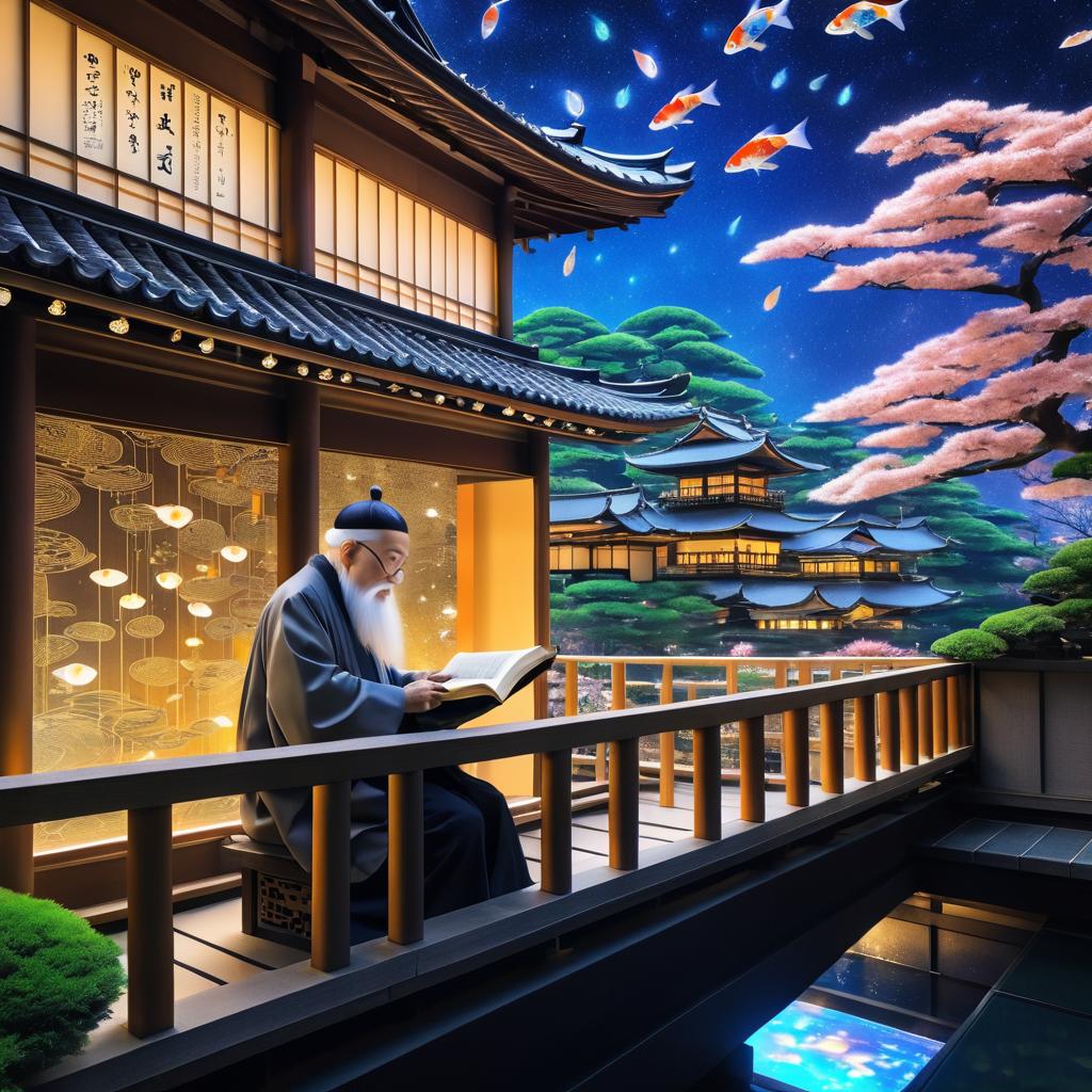 Dreamlike Old Man Reading in Futuristic Kyoto