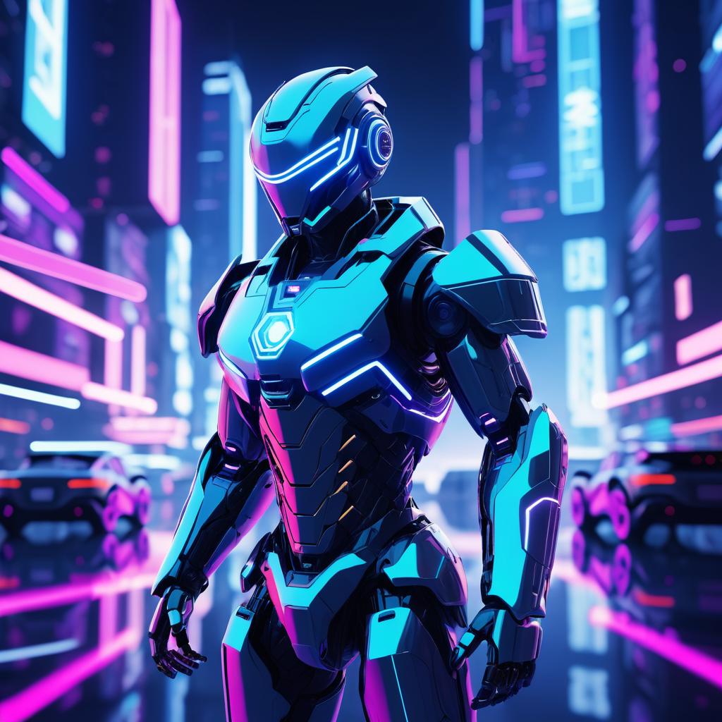 Futuristic Robot in Neon Cityscape