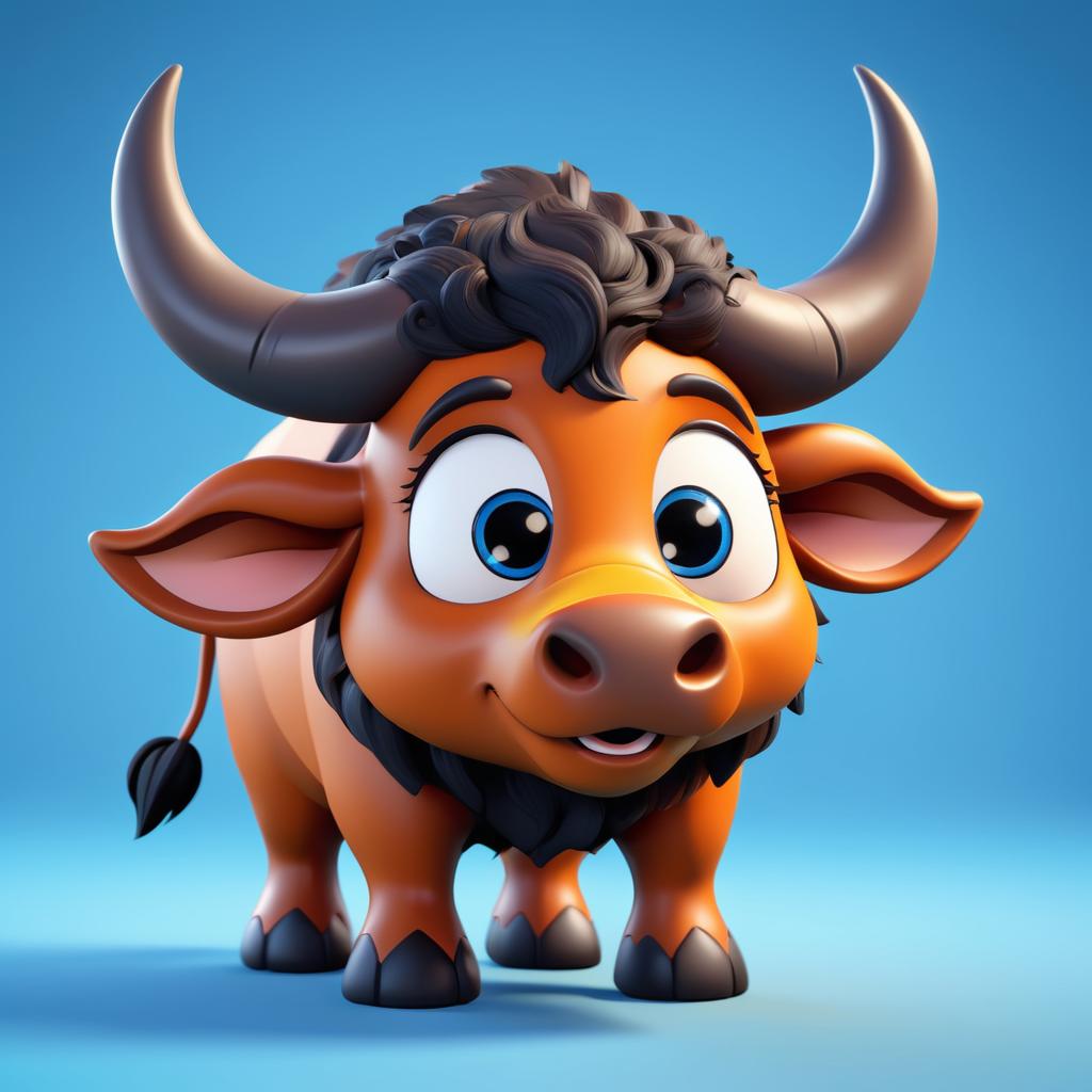 Playful Cartoon Buffalo in Blue Sky Style