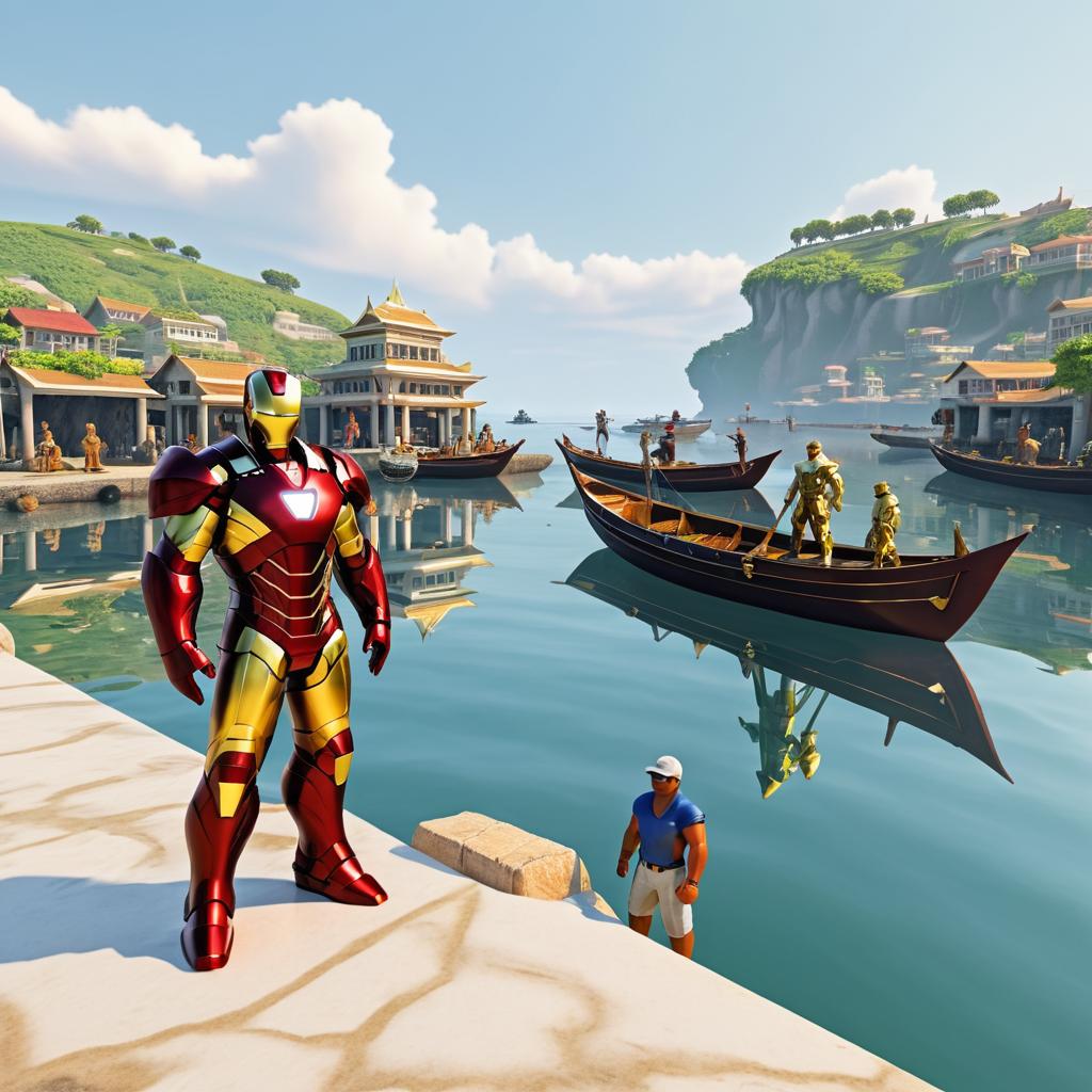 Vanilla Iron Man in Tranquil Harbor Scene