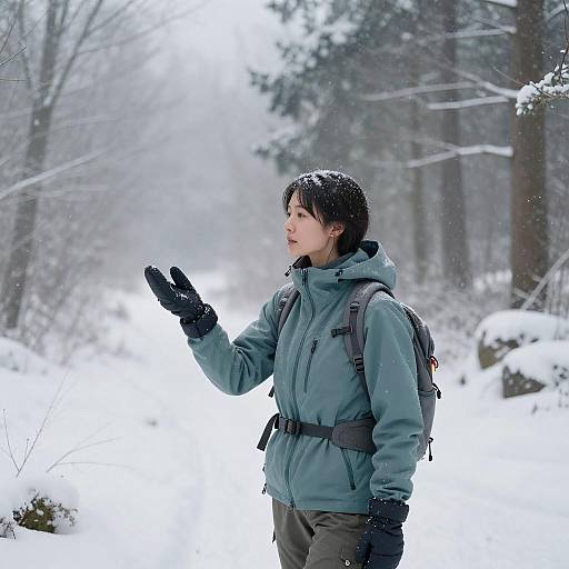 Serene Winter Hiker in Snowy Woods