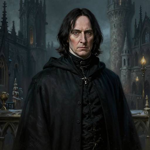 Photorealistic digital artwork of a stern, black-haired man in a dark, Gothic robe, standing in a medieval, castle-filled night background.