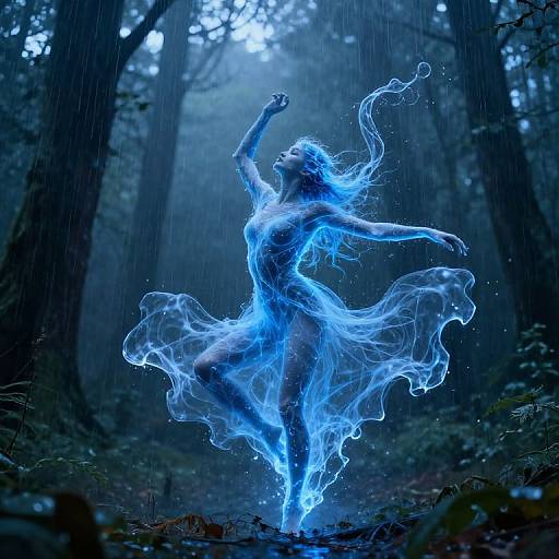Photorealistic digital art of a blue, ethereal, glowing woman dancing in a rain-soaked, dark forest, her translucent dress swirling around her