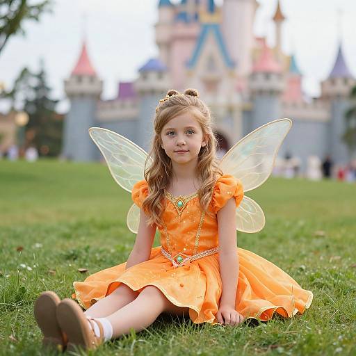 Photograph of a young girl with long blonde hair, wearing an orange fairy dress and transparent wings, sitting on grass in front of a colorful castle.