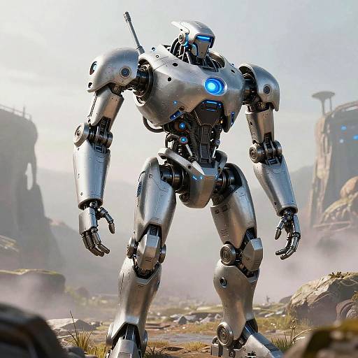 CGI image of a silver, glowing blue-eyed robotic warrior standing in a misty, rocky sci-fi landscape with distant futuristic structures.