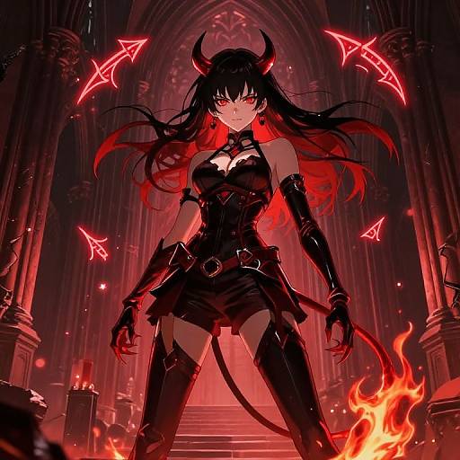 Digital anime art: Demon woman with black horns, red eyes, and long black-red hair in a gothic cathedral, surrounded by glowing red pentagrams