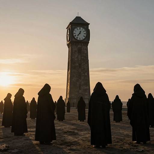 Silhouetted group of robed figures stands before a tall clock tower at sunset, with a golden sky and soft shadows.