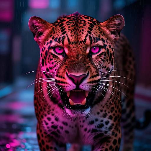 Photograph of a fierce, glowing-eyed leopard with vibrant pink and blue neon lights illuminating its face and spotted fur, standing in a rainy urban night