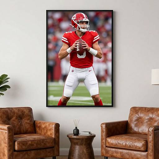 Photograph of a muscular male football player in red and white uniform, hands on chest, centered on a white wall between two brown leather armchairs