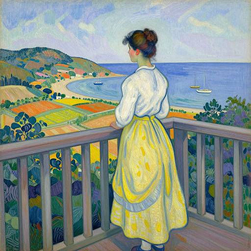 Post-Impressionist painting of a woman in a white blouse and yellow skirt, standing on a wooden balcony, gazing at a coastal landscape with