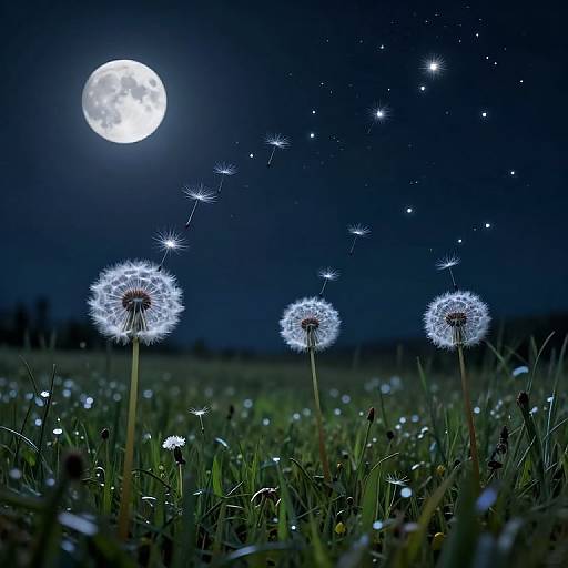 Photograph of glowing dandelions under a bright moonlit night sky, with sparkling stars and dew-covered grass in the foreground.