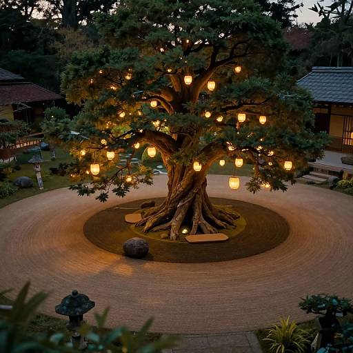 Photograph of a large, illuminated tree with warm yellow lights, surrounded by a circular brick patio, Japanese-style garden in background.
