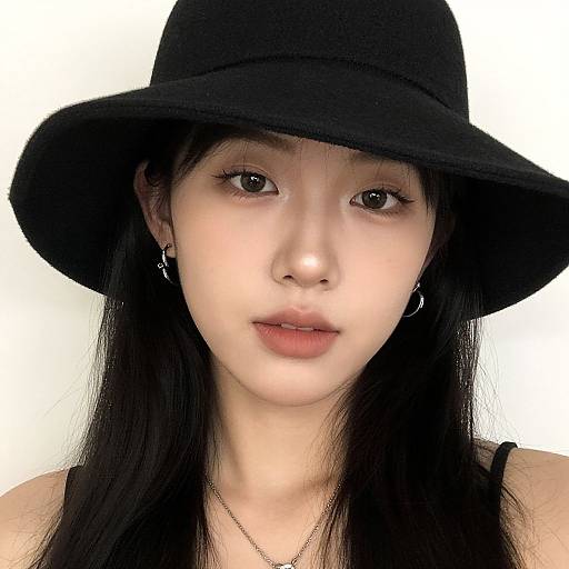 Photograph of an Asian woman with fair skin, long black hair, wearing a black wide-brimmed hat, black tank top, and small hoop