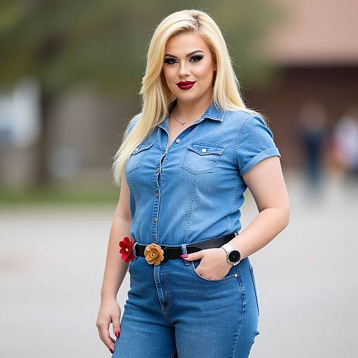 Photograph of a blonde woman with red lipstick, wearing a blue denim shirt and high-waisted jeans, black belt with gold buckle, and black